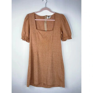 Lykke Wullf Fig Dress Pecan Linen Cotton Mini Dress Square Neck Neutral Medium